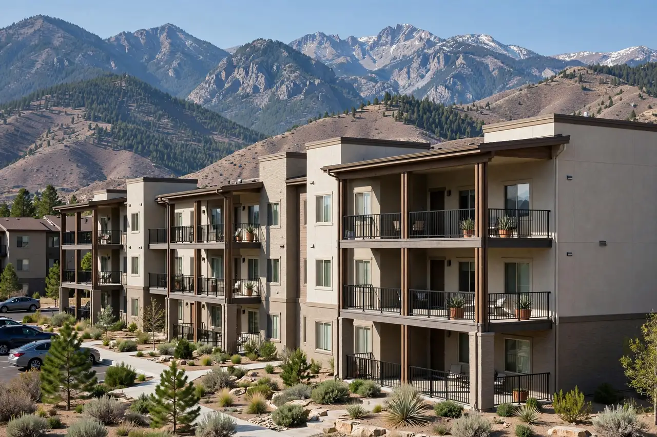 Apartment complex exterior with mountains behind in Provo, Utah