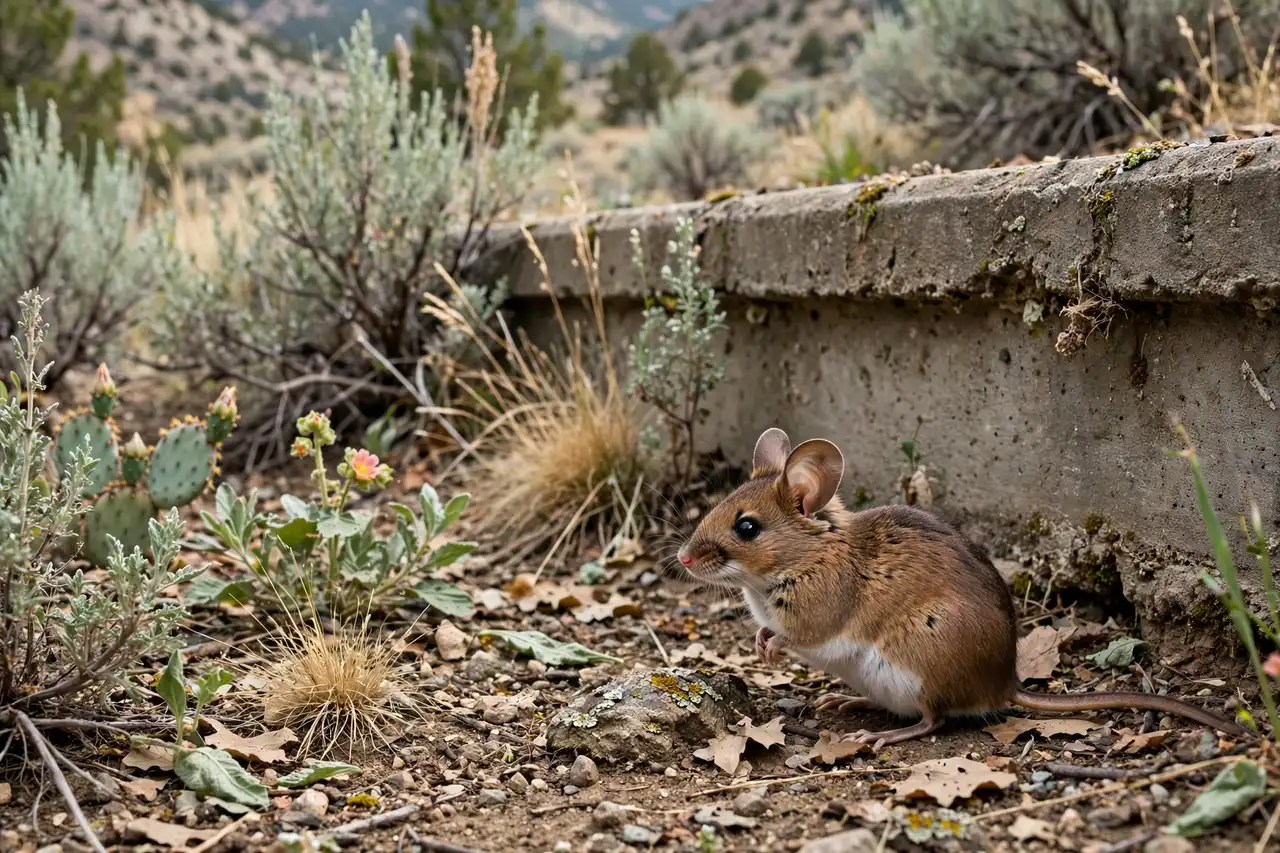 Deer mouse near a home foundation outdoors in Provo, Utah