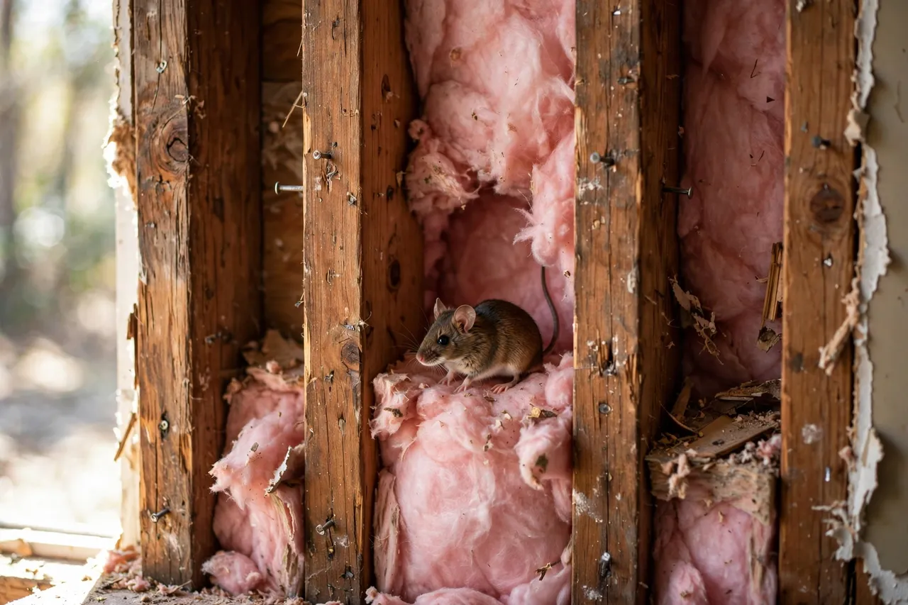 Mouse inside an exposed wall cavity between studs in Provo, Utah