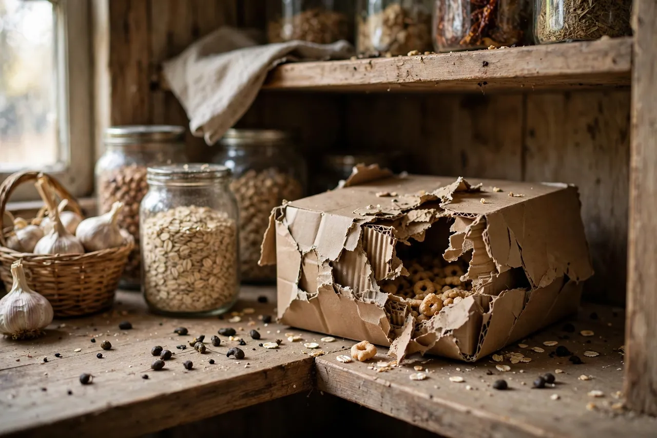 Pantry shelf with a gnawed cereal box and droppings nearby — Deer Mouse Control in Provo, UT