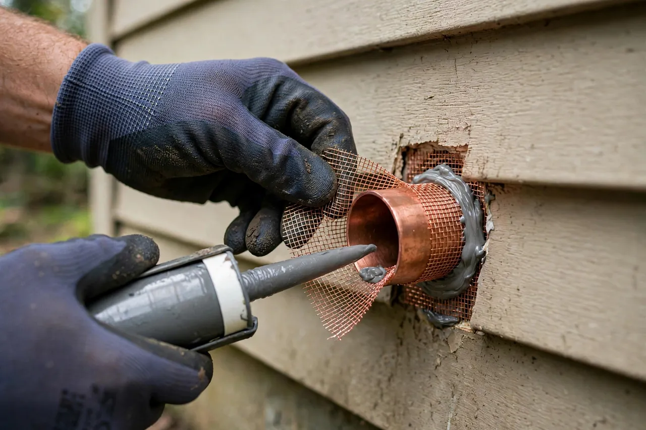 Sealing a pipe entry point with copper mesh and sealant — Rodent Control FAQ