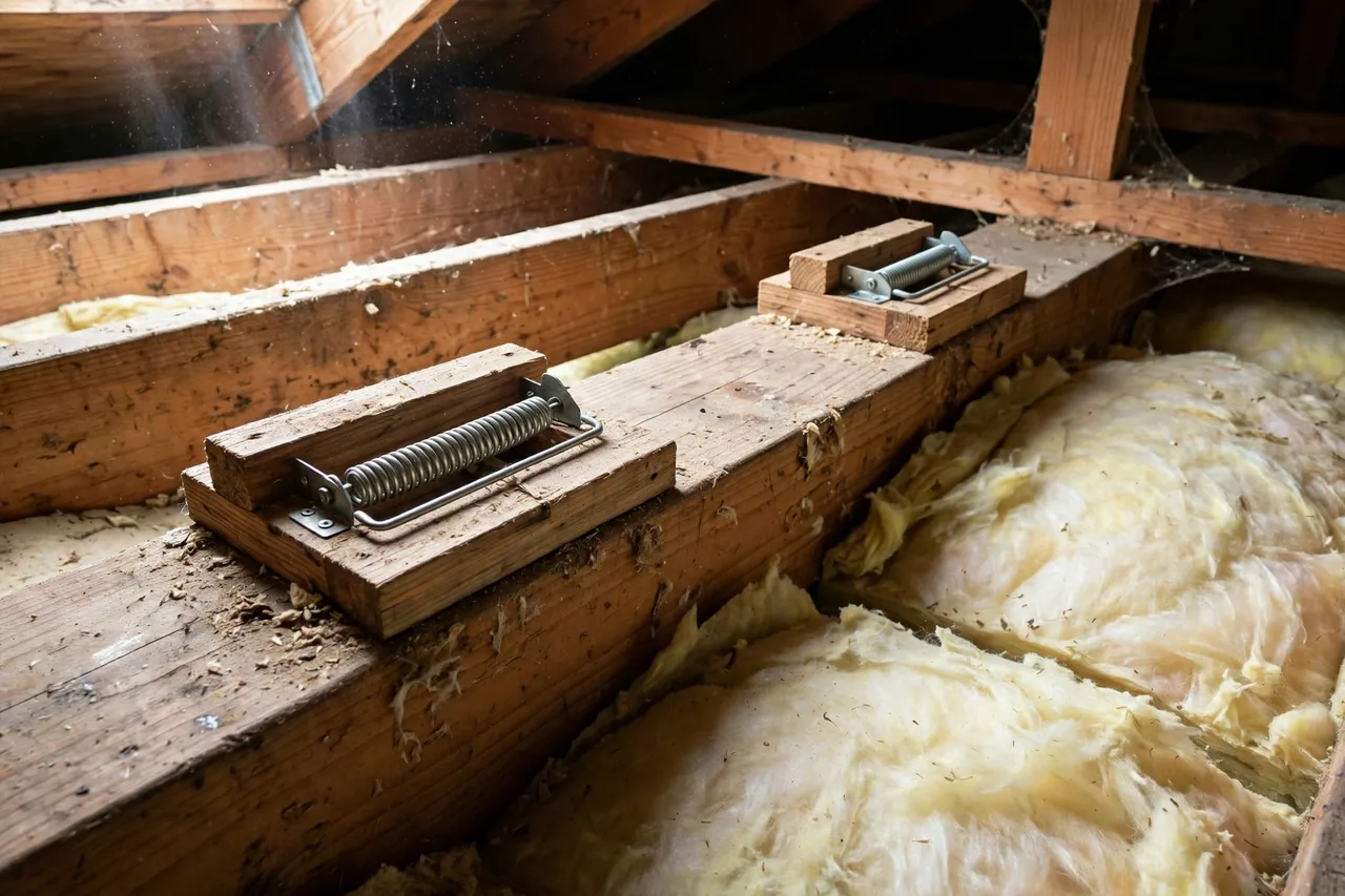 Snap traps set along an attic joist — Rat Control in Provo, UT
