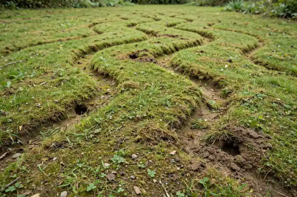 Lawn with vole runways and burrow holes — Vole Control in Provo, UT